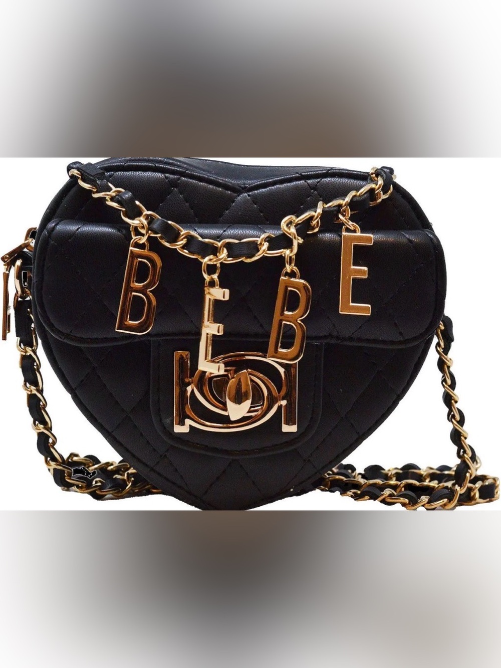 bebe Black Quilted Heart Crossbody with Gold Chain Letter Charms